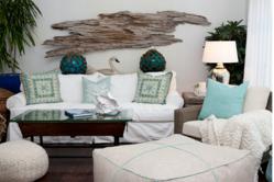 slipcovered sofa in white with coastal seafoam green accents